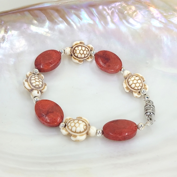 Hand Crafted Jewelry - Handmade coral beads with white howlite turtles